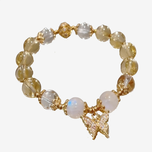 Butterfly pendant natural yellow crystal white moonlight stone beaded bracelet