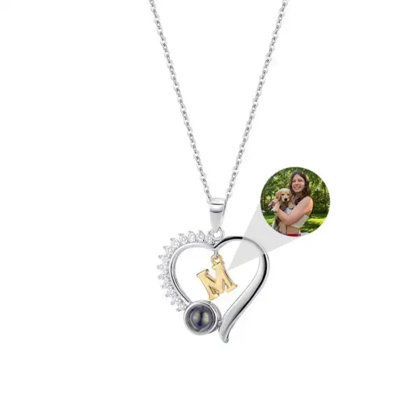 Silver Personalized Beating Heart Letter Projection Necklace with Diamonds