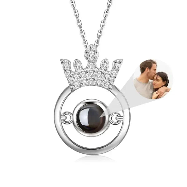 Sterling Silver Personalized Crown Surround Photo Projection Necklace Gift